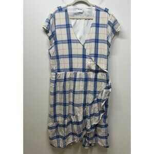 Old Navy blue white pink plaid faux wrap dress ruffle layered XXL